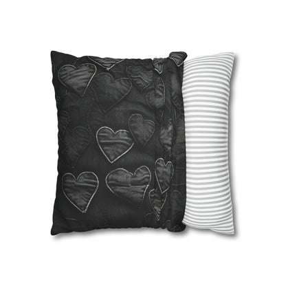 Negro azabache: diseño de bordado de corazón de tela inspirada en la mezclilla desgastada - Funda de almohada cuadrada de poliéster hilado 