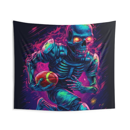 Spooky Football Game: Fantasy Skeleton Athlete Running with Ball, Sporty Halloween - Indoor Wall Tapestries