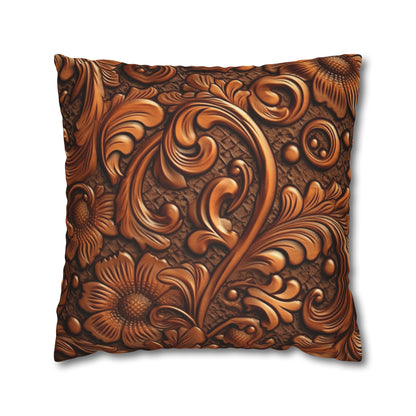 Leather Flower Cognac Classic Brown Timeless American Cowboy Design - Spun Polyester Square Pillow Case