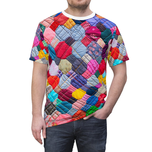 Colorful Patchwork Quilt, Multicolor Mosaic, Cozy Patchwork, Traditional Quilting Art, Eclectic Fabric Squares Design - Unisex Cut & Sew Tee (AOP)