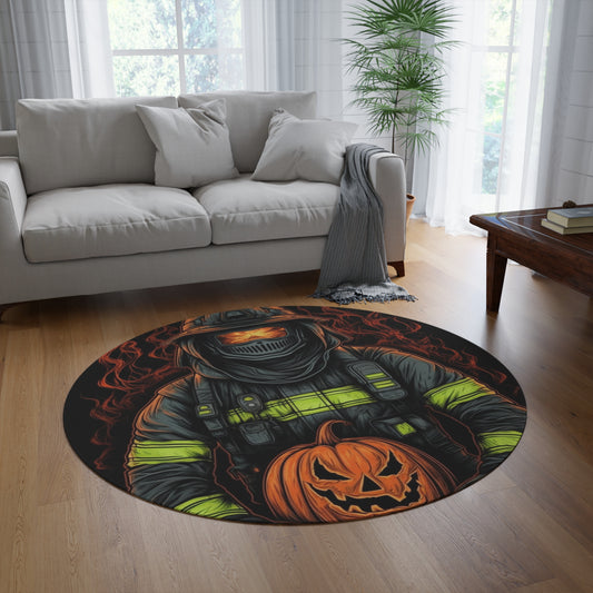 Firefighter Spooky Alert: Facing Haunted Halloween Spirits Scary Fire Pumpkin - Round Rug