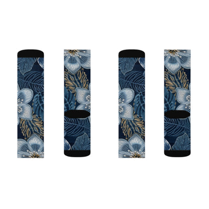 Flower Blossom Embroidery Floral on Denim Style - Sublimation Socks