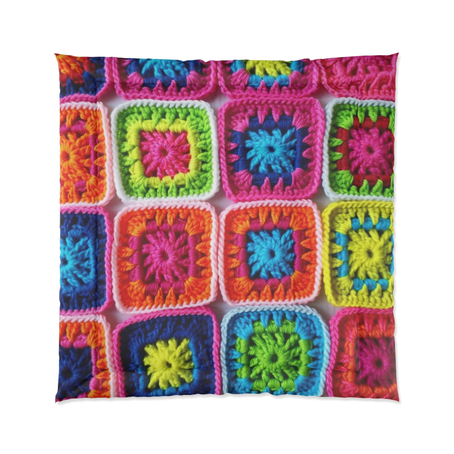 Crochet Granny Square, Summer Cotton, Patchwork, Retro Floral Design, Crochet Cotton - Bed Comforter