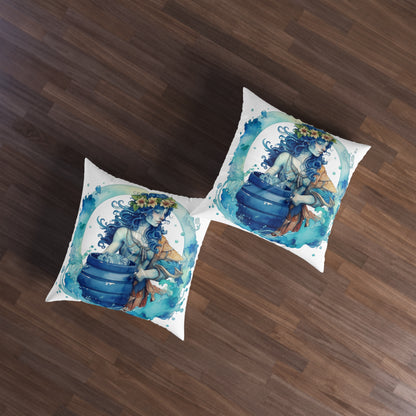 Artistic Aquarius Zodiac - Watercolor Water-Bearer Depiction - Tufted Floor Pillow, Square