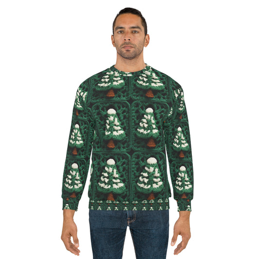 Ganchillo de árboles de Navidad de hoja perenne, artesanía navideña de pino festivo, bosque navideño, invierno - Sudadera unisex (AOP)