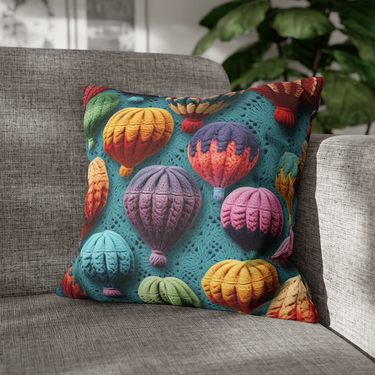 Crochet Hot Air Balloons Sky Travel Transport Scenic Style - Spun Polyester Square Pillow Case