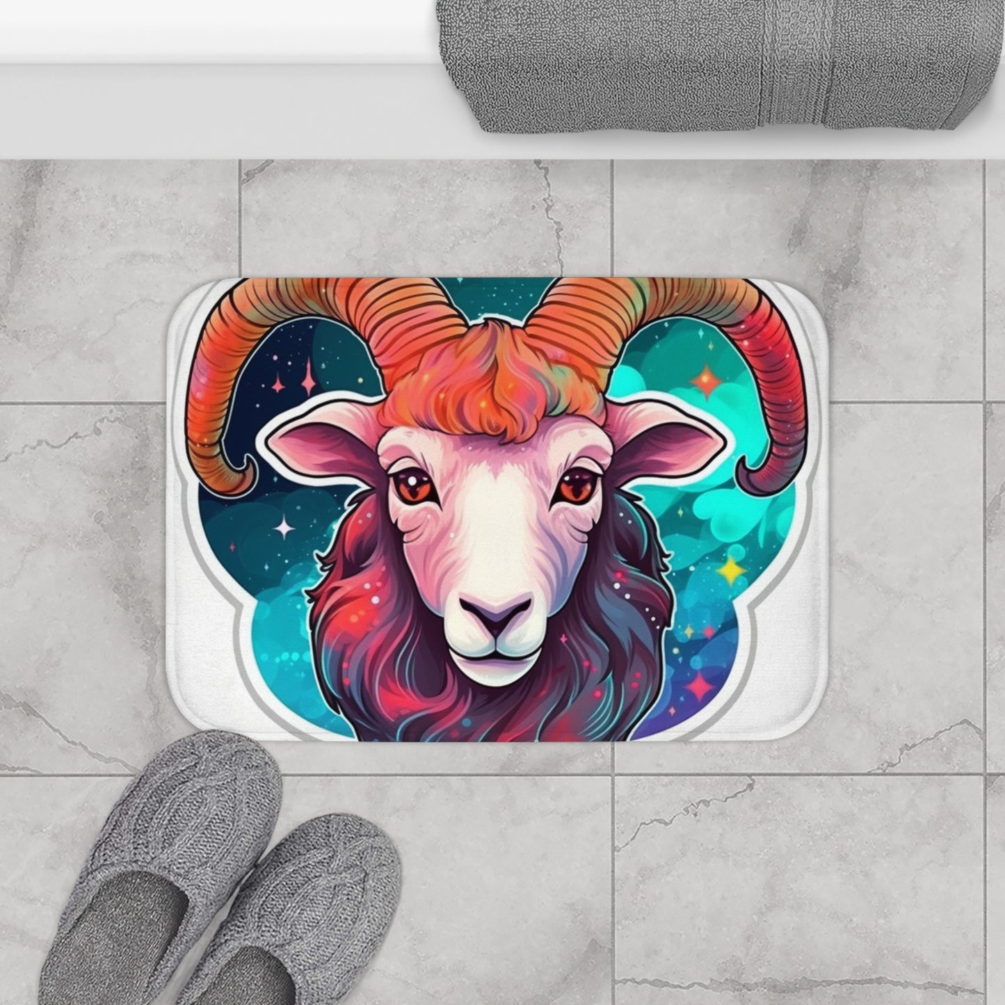 Signo del zodíaco Aries - Símbolo de astrología cósmica de colores vivos y brillantes - Alfombra de baño