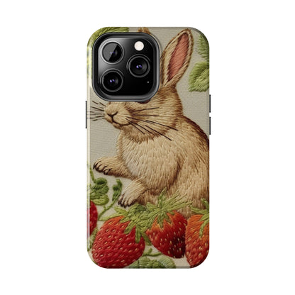 Strawberry Bunny Rabit - Embroidery Style - Strawberries Fruit Munchies - Easter Gift - Tough Phone Cases