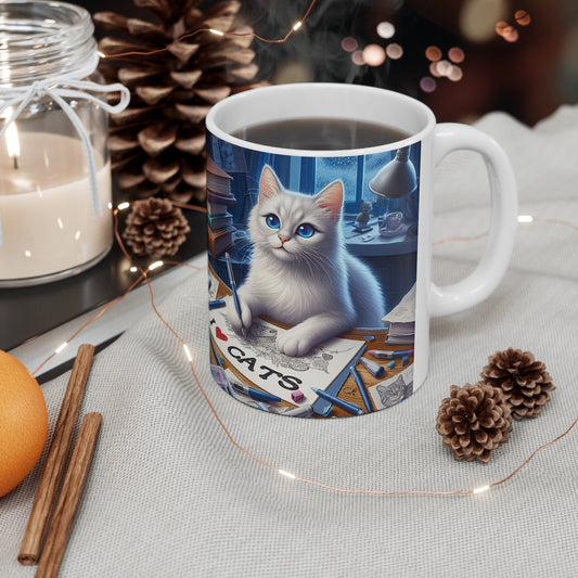 Dibujo artístico de gato blanco Me encantan los gatos, ilustración felina creativa, sueño de amante de los gatos - Taza de cerámica de 11 oz 