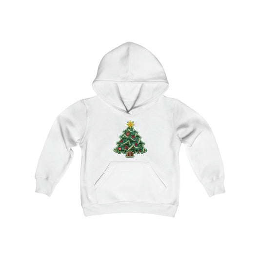 Chenille Christmas Tree: Embroidered Festive Holiday Patch - Youth Heavy Blend Hooded Sweatshirt