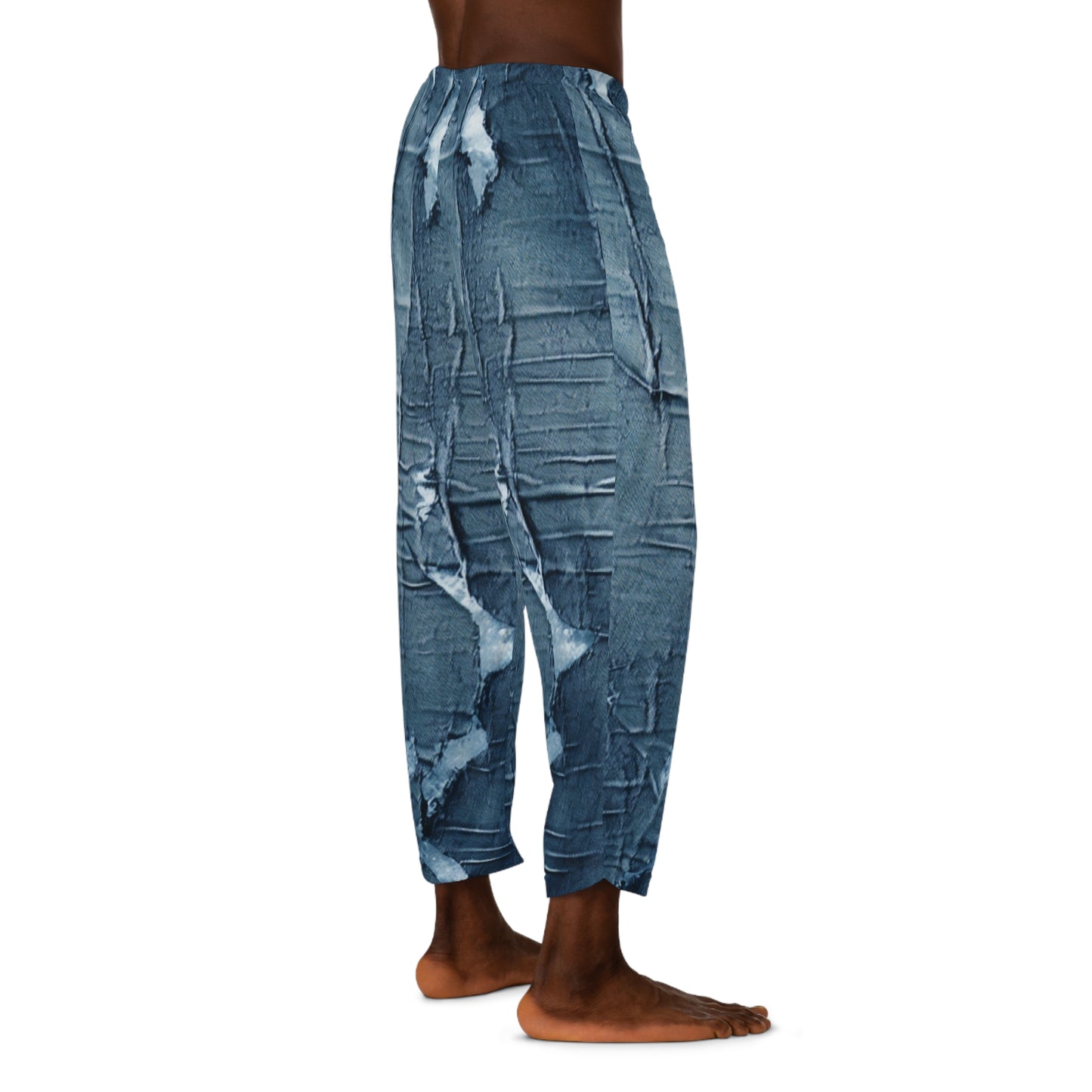 Distressed Blue Denim-Look: Edgy, Torn Fabric Design - Men's Pajama Pants (AOP)