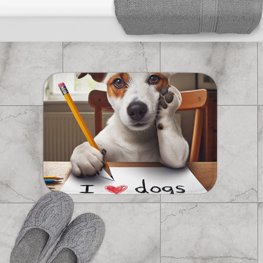 Adorable Dog Writing I Love Dogs, Cute Pet with Pencil Illustration, Animal Lover Artwork, Playful Canine - Bath Mat