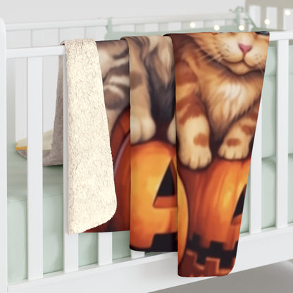 Kitty Cat Kittens Halloween - Cute Furries on Pumpkin - Festive Feline Decor - Sherpa Fleece Blanket