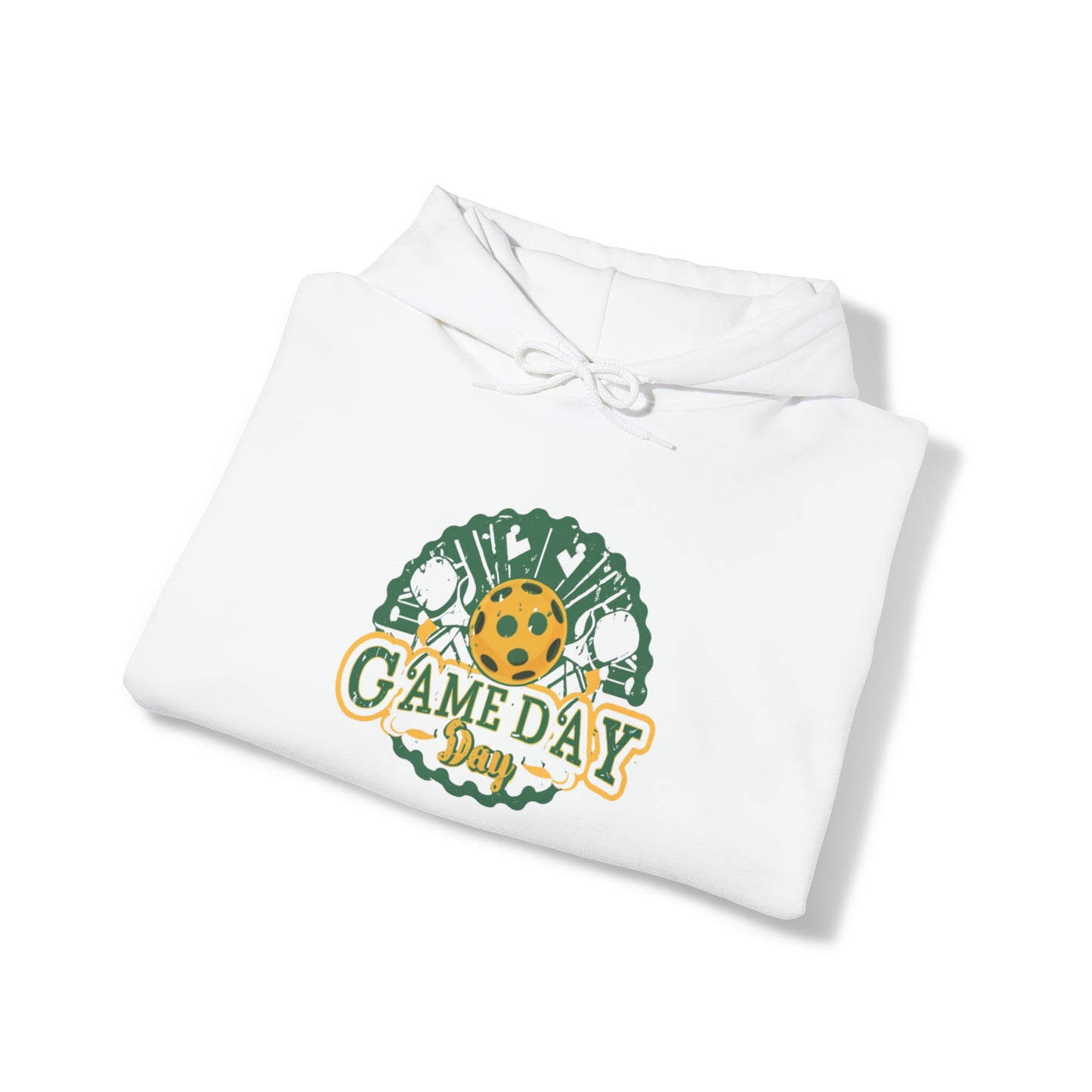 Game Day Badge with Pickleball Paddle and Ball, Grunge Texture - Unisex Heavy Blend™ Hooded Sweatshirt