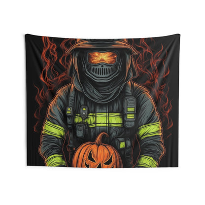 Firefighter Spooky Alert: Facing Haunted Halloween Spirits Scary Fire Pumpkin - Indoor Wall Tapestries