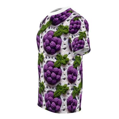 Crochet Grapes Pattern - Granny Square Design - Fresh Fruit Pick - Orchard Purple Snack Food - Unisex Cut & Sew Tee (AOP)