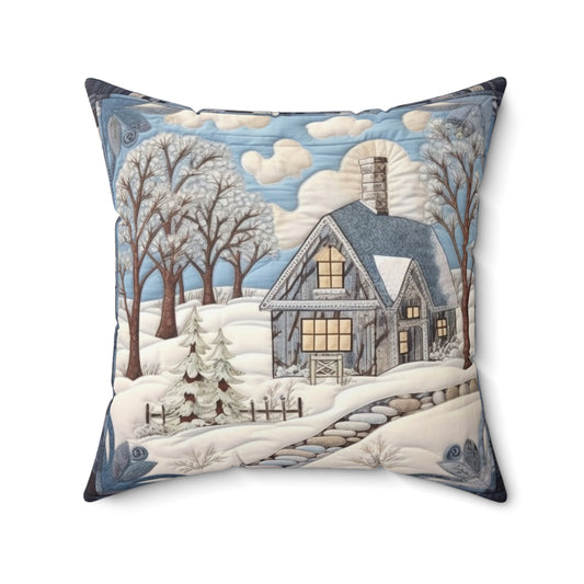 Rustic Snow House - Stone Walkway - Cottagecore Winter Bliss - Nostalgic Charm - Snowy Retreat Decor - Spun Polyester Square Pillow