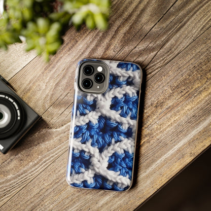 Blueberry Blue Crochet, White Accents, Classic Textured Pattern - Tough Phone Cases