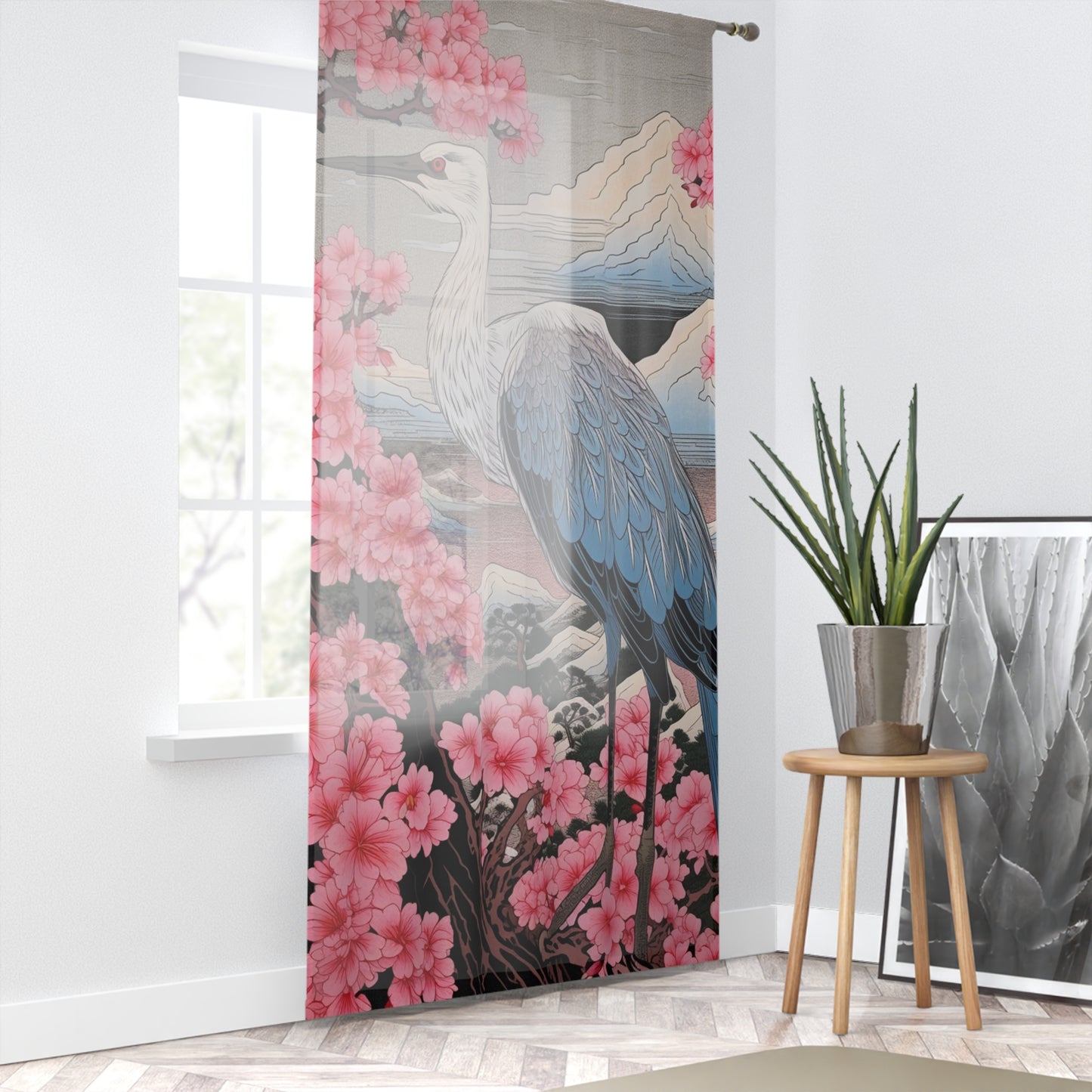 Sakura Blossoms Majestic Crane - Japanese, Birthday Gift for Dad, Traditional Indigo & Mount Fuji - Window Curtain