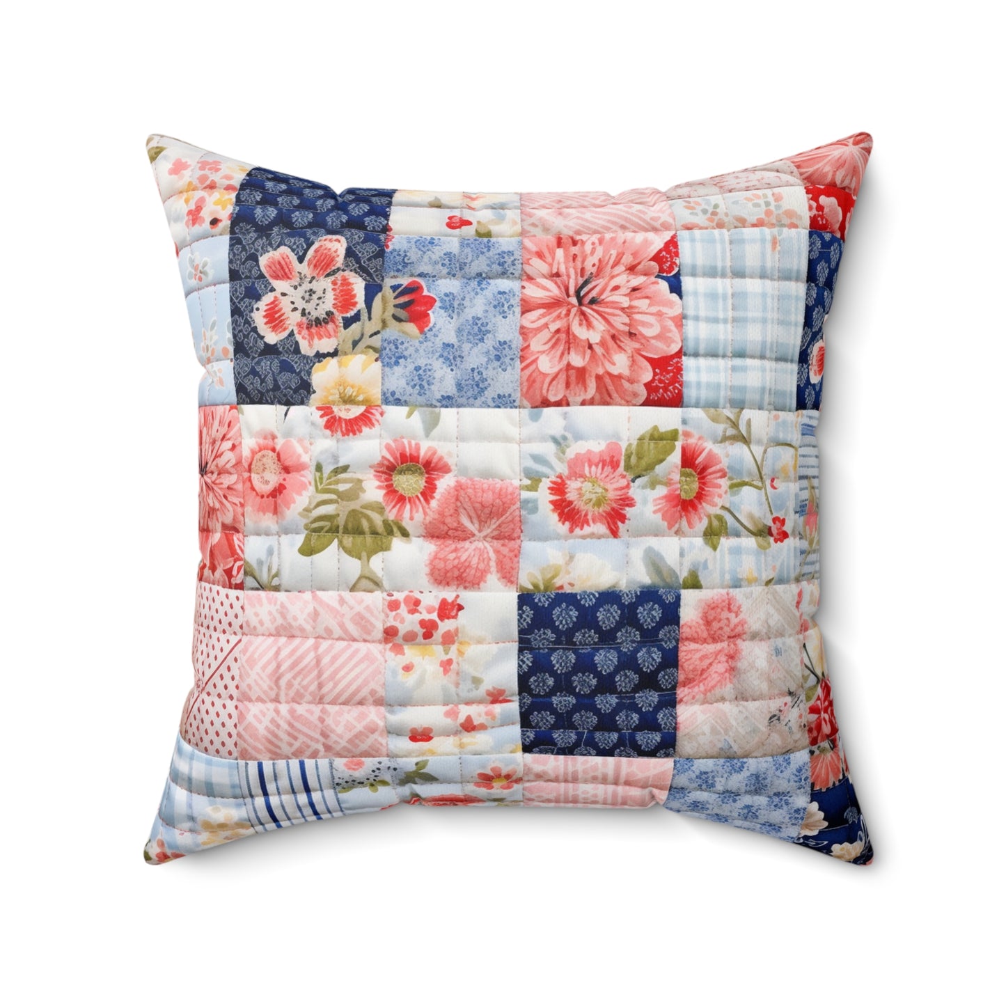 Floral Harmony Quilt, Blossom Patchwork, Blue and Pink Quilted Patterns, Garden Quilt, Soft Pastel Quilting Squares Design - Spun Polyester Square Pillow