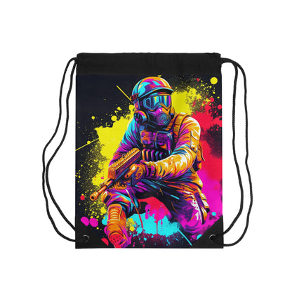 Paintball Action Sport: Player in Battle, Paint Splatter - Drawstring Bag