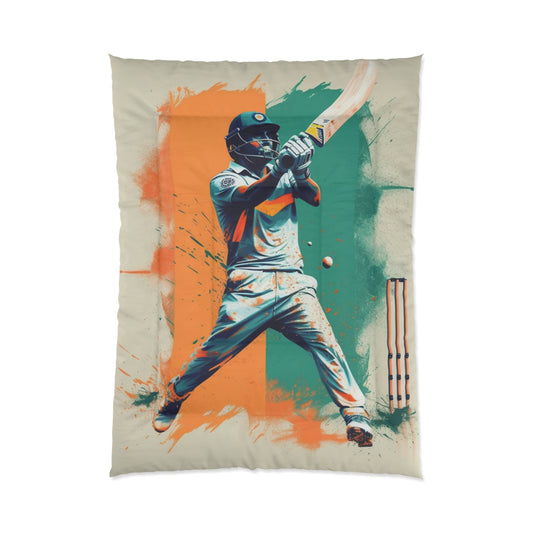 Cricket Batsman, Ball Strike, Indian Flag Color Background - Street Style - Comforter