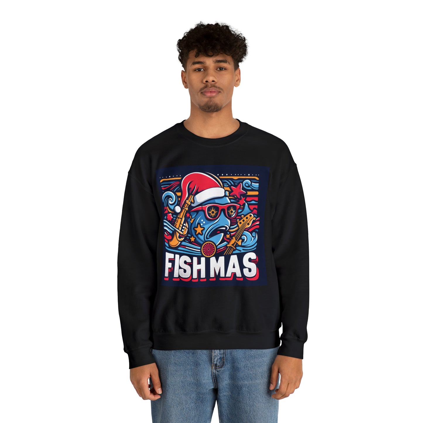 Funky Fishmas Christmas Festivity - Extravagancia de pesca navideña - Sudadera unisex Heavy Blend™ Crewneck