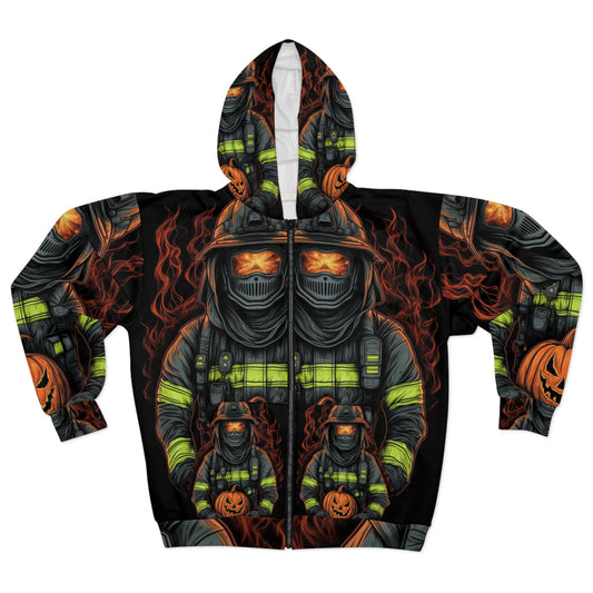 Firefighter Spooky Alert: Facing Haunted Halloween Spirits Scary Fire Pumpkin - Unisex Zip Hoodie (AOP)