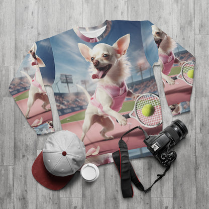 Chihuahua Tennis Ace: Traje rosa para perro, juego deportivo atlético de cancha - Sudadera unisex (AOP)