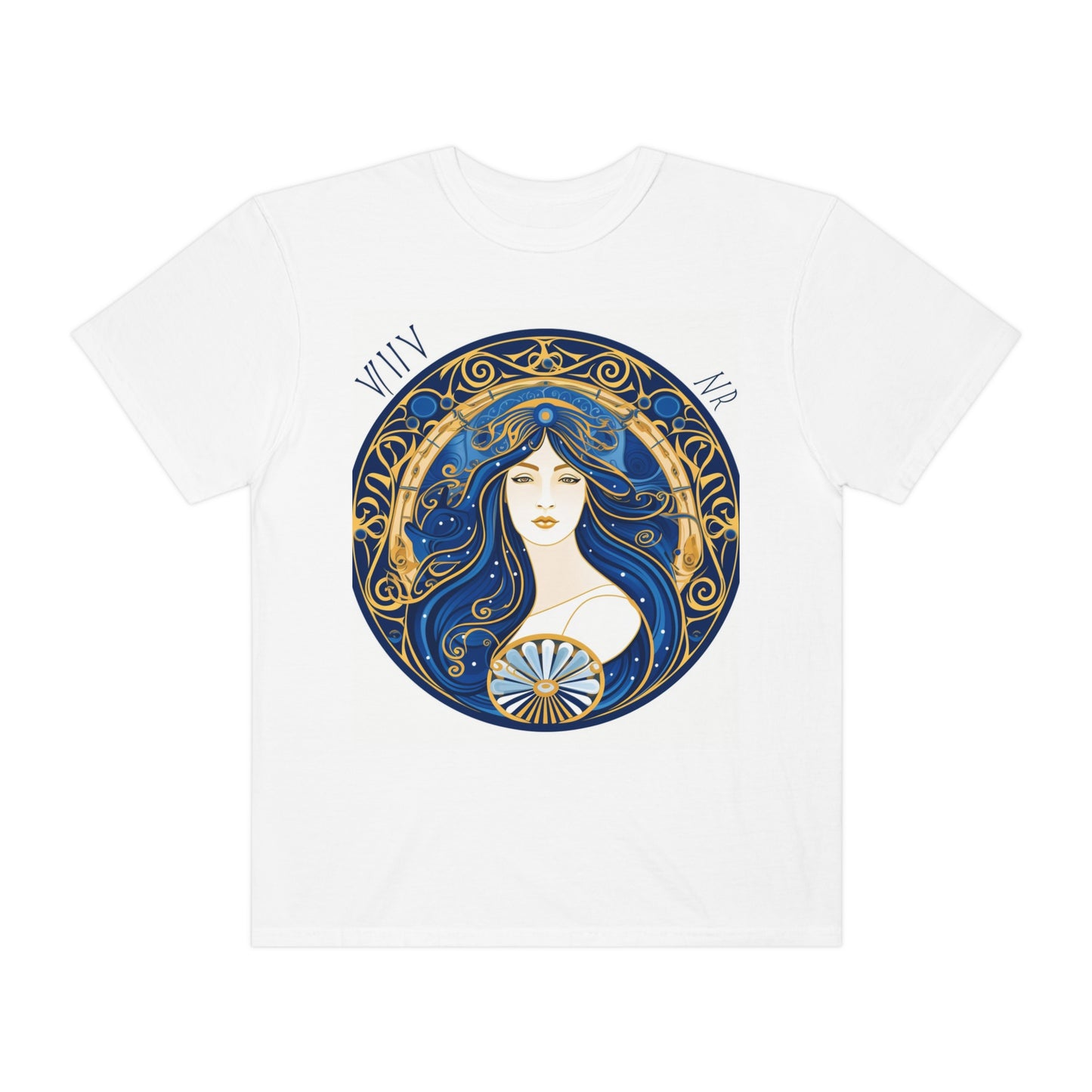 Virgo Zodiac Circular Symmetry in Gold Royal Blue - Unisex Garment-Dyed T-shirt