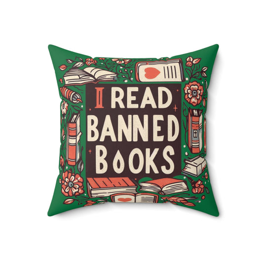 I Read Banned Books - Timeless Floral Bookshelf Illustration - Spun Polyester Square Pillow
