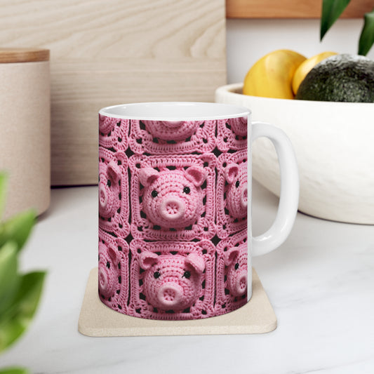 Crochet Pig Farm Animal Pink Snout Piggy Pattern - Ceramic Mug 11oz