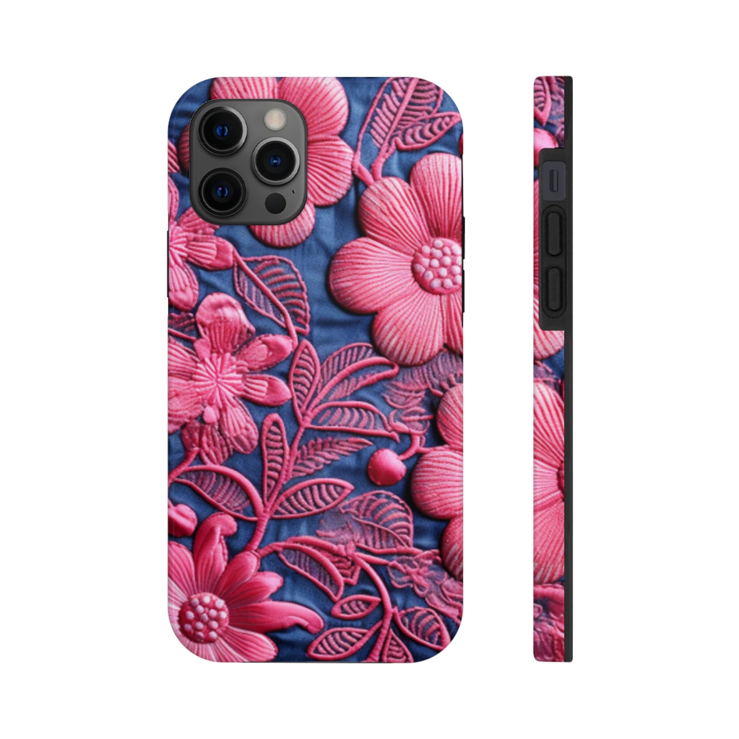 Denim Blue Doll Pink Floral Embroidery Style Fabric Flowers - Tough Phone Cases