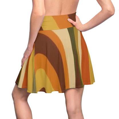 Groovy 1970s Mod-Inspired Women's Skater Skirt (AOP) in Bold Orange, Green, Rust, Gold, and Beige