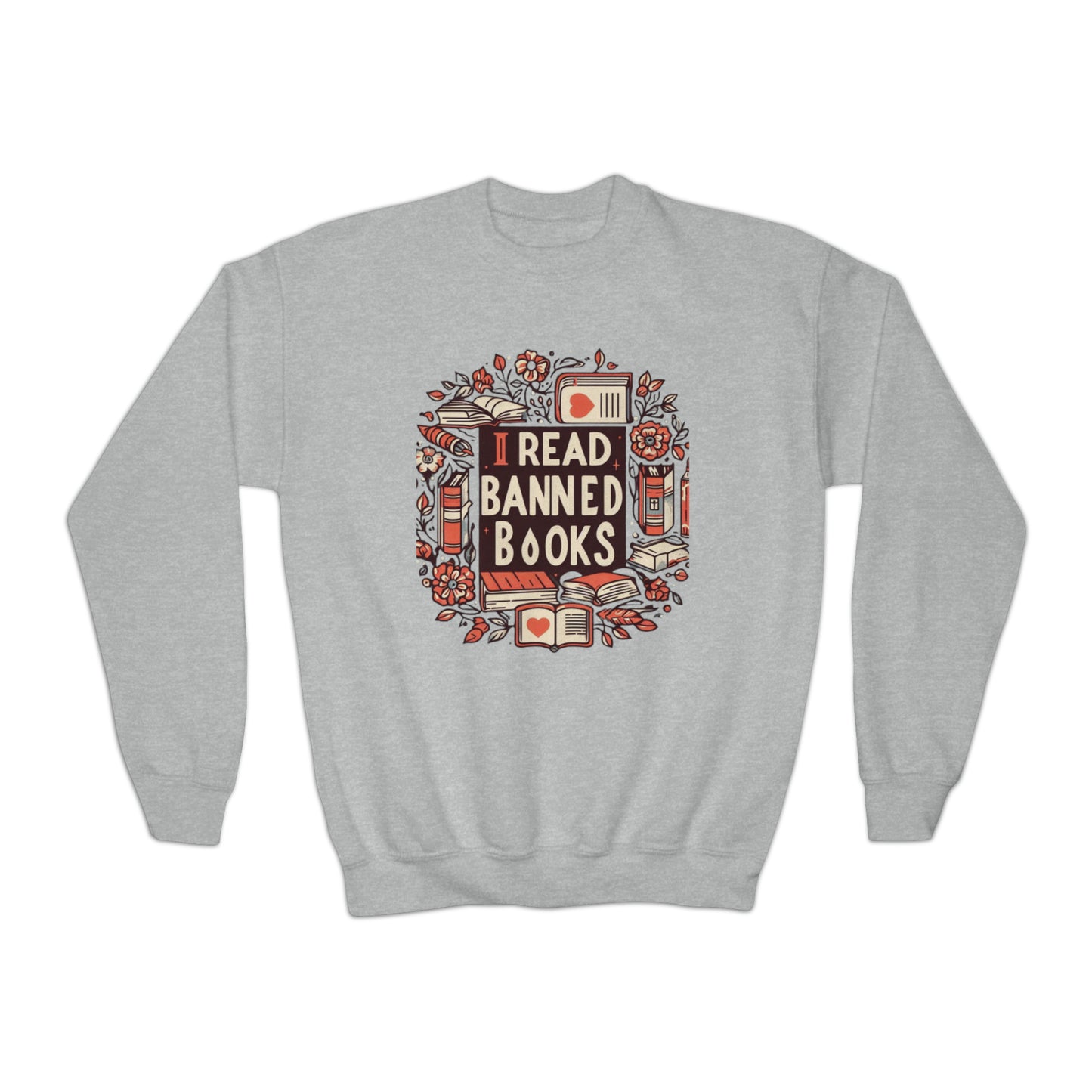 I Read Banned Books - Timeless Floral Bookshelf Illustration - Youth Crewneck Sweatshirt