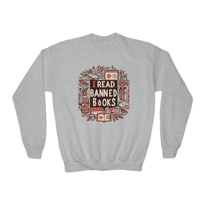 I Read Banned Books - Timeless Floral Bookshelf Illustration - Youth Crewneck Sweatshirt