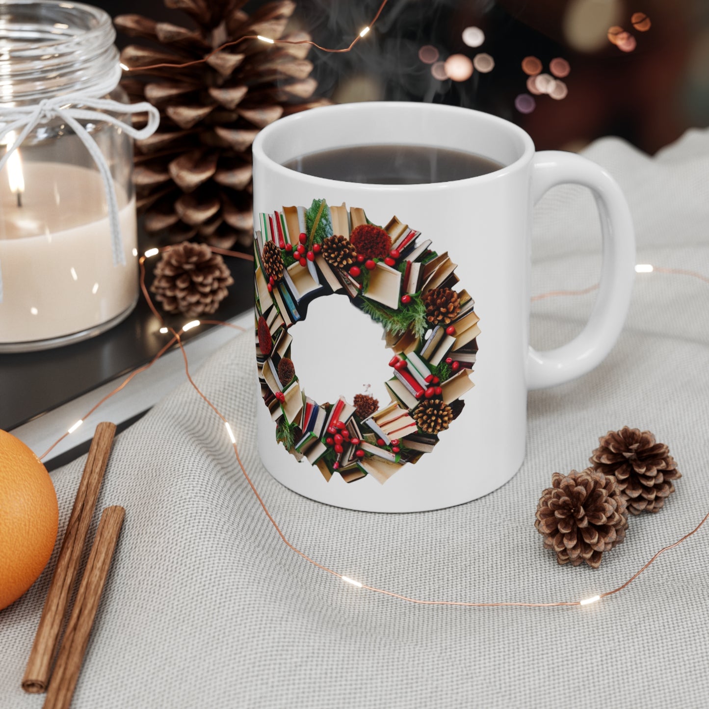 Holiday Book Wreath: Festive Literary Book Lover & Christmas Pinecone Arrangement - Ceramic Mug 11oz