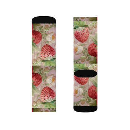 Red Berry Strawberries - Embroid Fruit - Healthy Crop Feast Food Design - Sublimation Socks