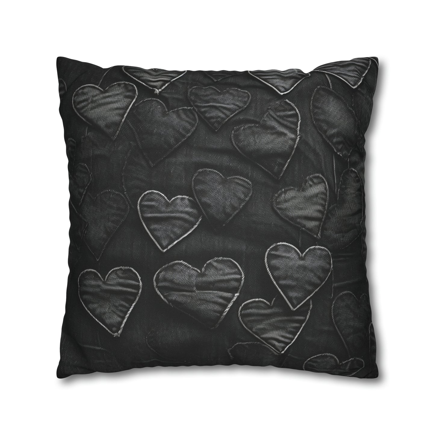 Negro azabache: diseño de bordado de corazón de tela inspirada en la mezclilla desgastada - Funda de almohada cuadrada de poliéster hilado 