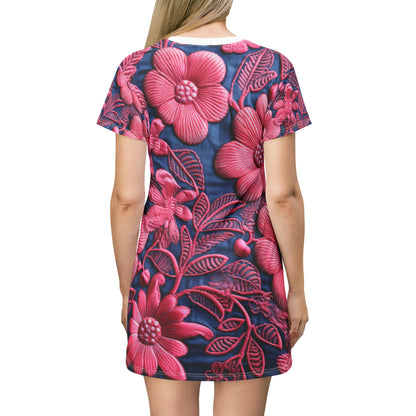 Denim Blue Doll Pink Floral Embroidery Style Fabric Flowers - T-Shirt Dress (AOP)