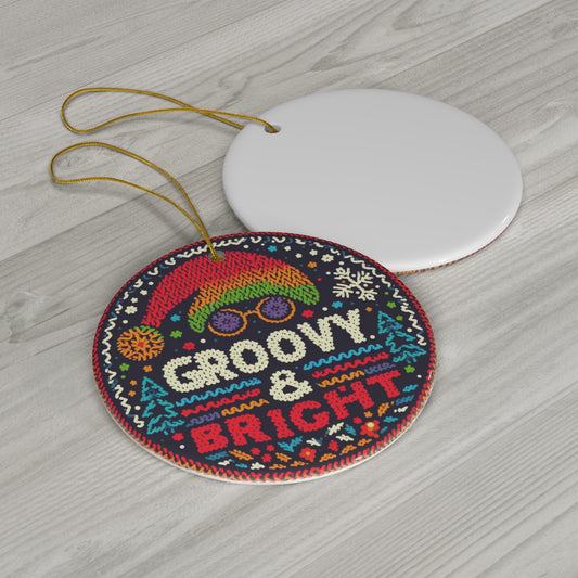 Hippie Holiday Charm - Vibrant Ugly Sweater Christmas with Retro Rainbow and Snowflakes - Ceramic Ornament, 4 Shapes
