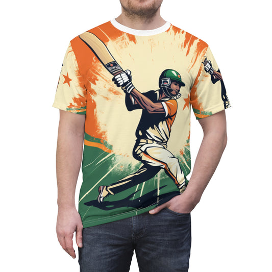 India Cricket Star: Batsman With Willow Bat, National Flag Style - Sport Game - Unisex Cut & Sew Tee (AOP)