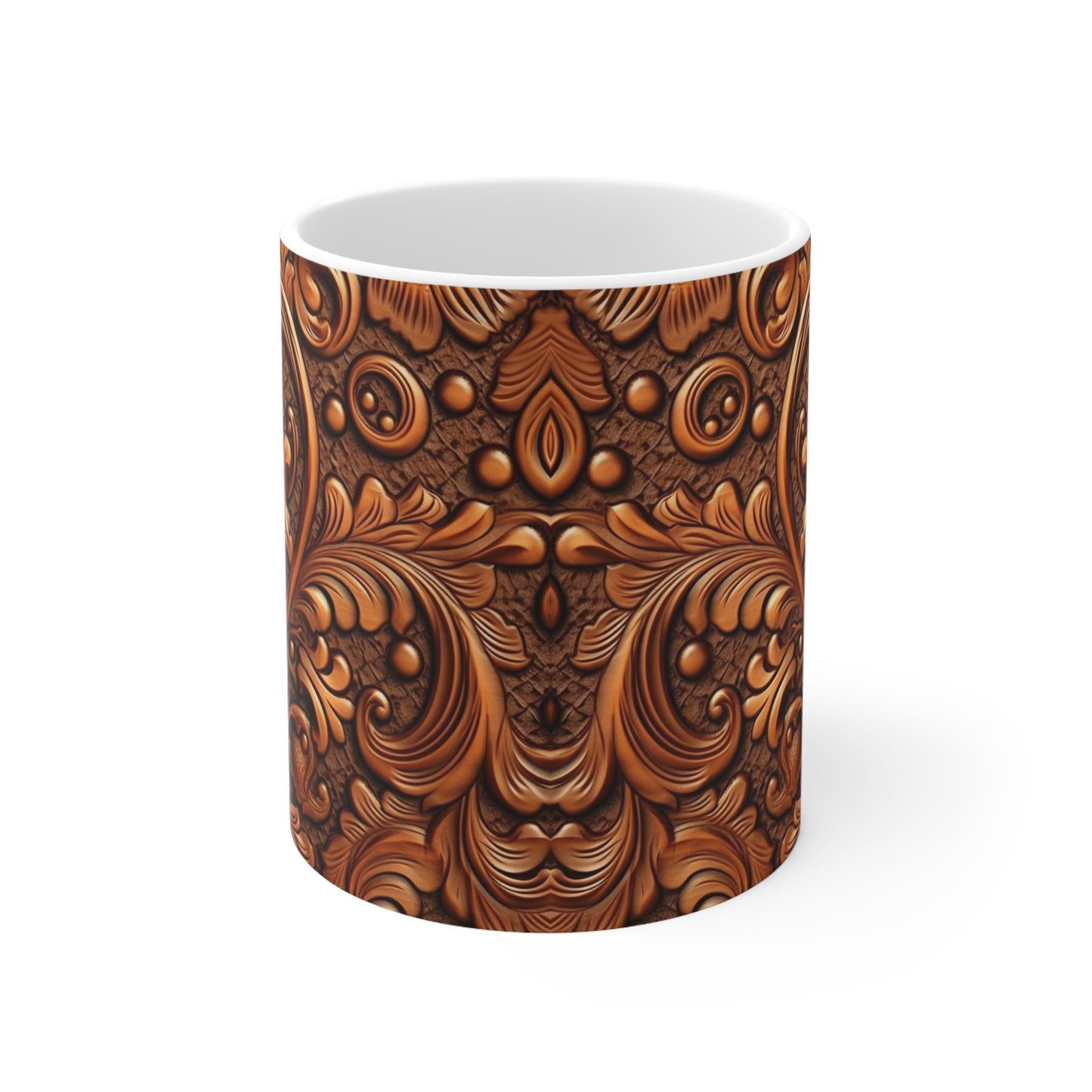 Leather Flower Cognac Classic Brown Timeless American Cowboy Design - Ceramic Mug 11oz