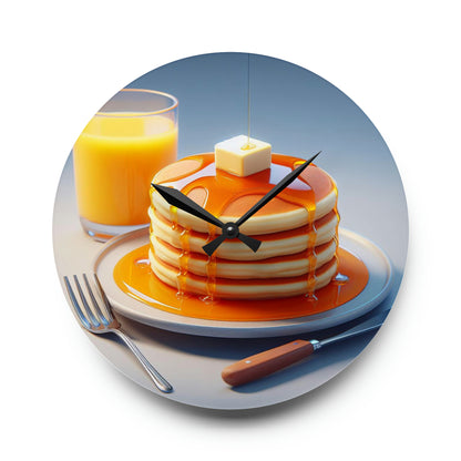 Breakfast  Acrylic Wall Clock - Fluffy Pancakes Stacked Plate, Golden Maple Syrup, Melting Butter, Glass of Orange Juice