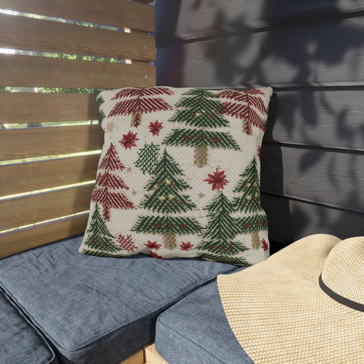 Embroidered Christmas Winter, Festive Holiday Stitching, Classic Seasonal Design - Outdoor Pillows