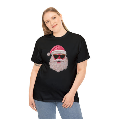 Cool Santa Patch, Pink Christmas Design, Trendy Holiday Emblem - Unisex Heavy Cotton Tee