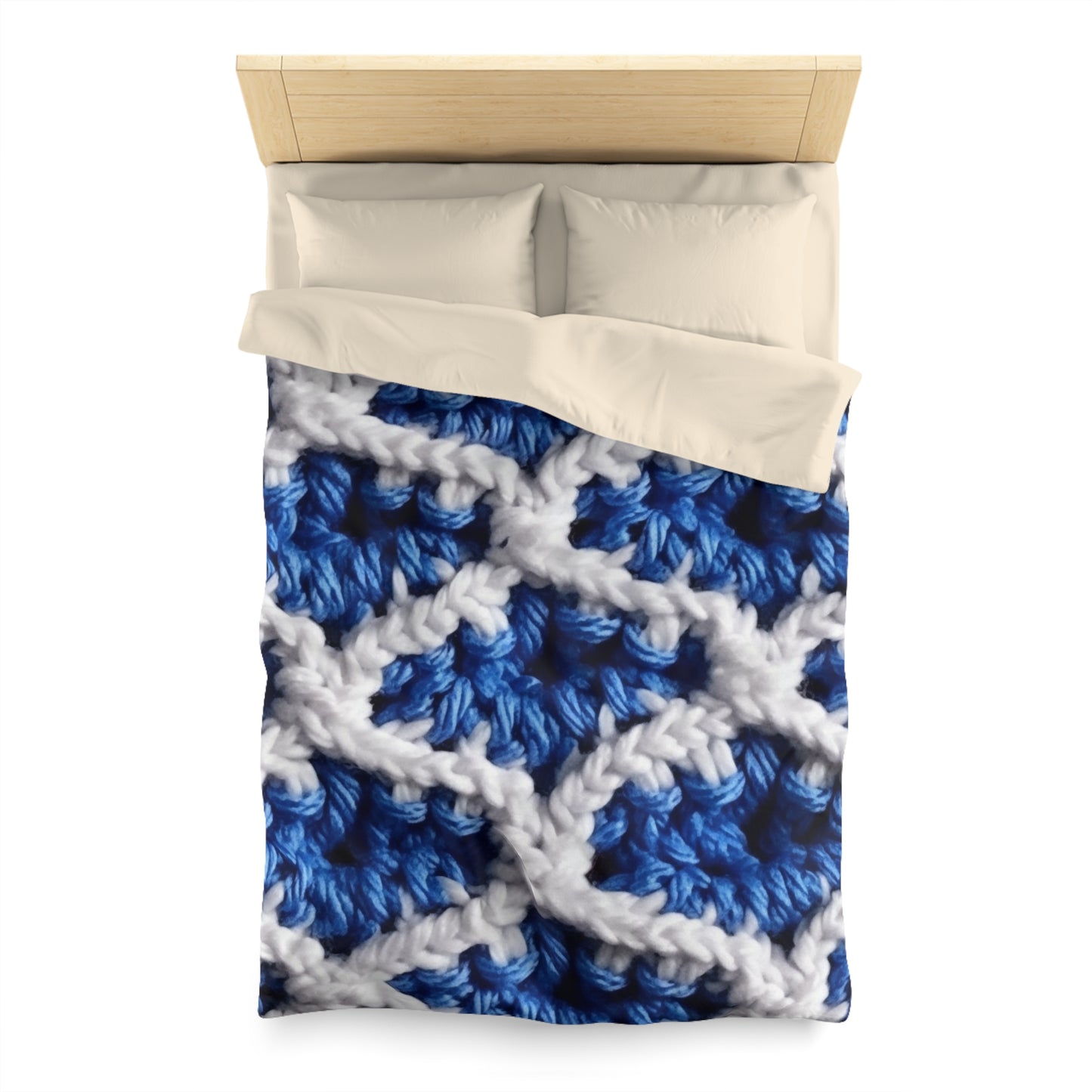 Blueberry Blue Crochet, White Accents, Classic Textured Pattern - Microfiber Duvet Cover