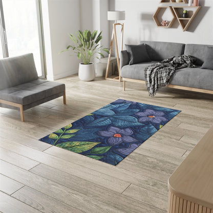 Floral Embroidery Blue: Denim-Inspired, Artisan-Crafted Flower Design - Dobby Rug