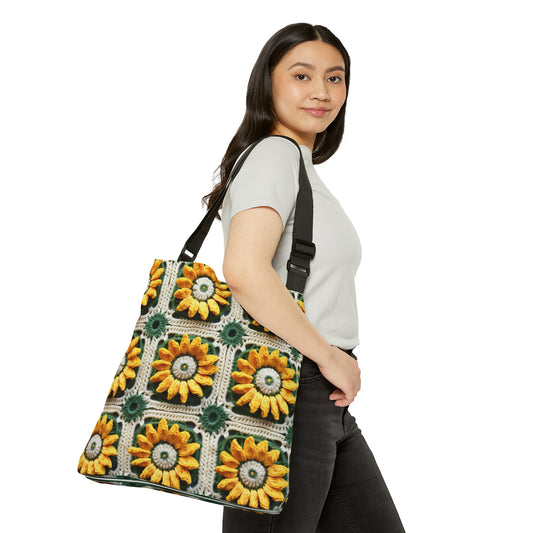 Elegancia de crochet de girasol, diseño Granny Square, motivo floral radiante. Lleva la calidez de los girasoles a tu espacio - Bolso de mano ajustable (AOP)