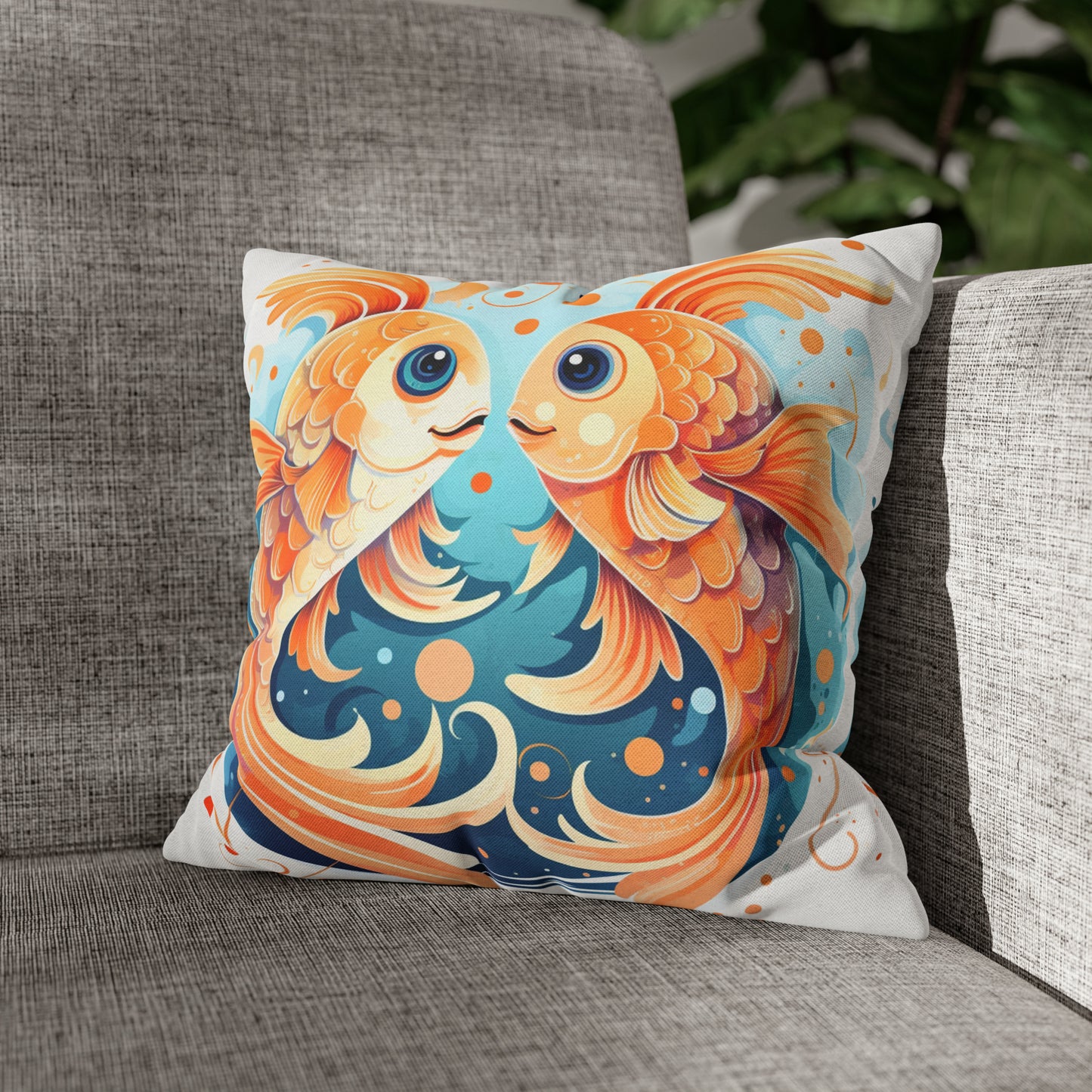 Charming Cartoon Fish Pisces - Dreamy Zodiac Illustration - Spun Polyester Square Pillow Case